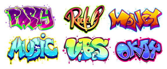 Graffiti art words set isolated on white. Vector cartoon illustration of party, rock, money, music, vibe, okay bright neon color text written on surface with paint stains and blots, cool doodle font