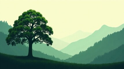 Serene Landscape Featuring a Majestic Tree on a Grassy Hillside, Overlooking a Misty Mountain Range Under a Calm Sky