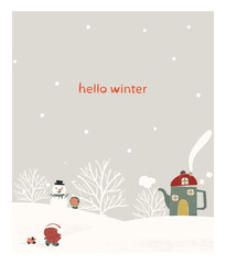 tea pot house in winter with snowman and kids