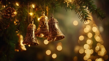 Golden Christmas Bells Hanging on Decorated Tree