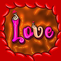 Valentine background, 3d finger illustration, love text, Hand lettering, calligraphy, lightning and cloud effect
