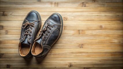 A Pair of Well-Worn Leather Shoes Resting on a Light Brown Wooden Surface