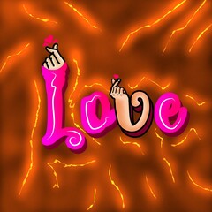 Valentine background, 3d finger illustration, love text, Hand lettering, calligraphy, lightning effect