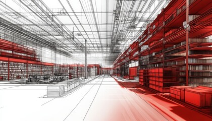 Obraz premium Architectural Design Visualization Warehouse Red and White Blueprint 3D Model Rendering