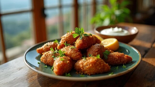 Kibbeh frito crujiente con perejil y salsa de yogur