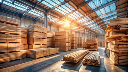 Sunlit Warehouse Filled with Stacked Lumber Ready for Construction Projects