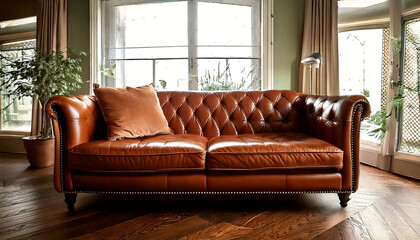 Luxurious brown leather chesterfield sofa in a sunlit room.  Perfect for interior design, home decor, and lifestyle projects.  Elegant and timeless style.