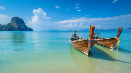 Boats on Clean Blue Sea with Clear Horizon and Sunny Calm Waters