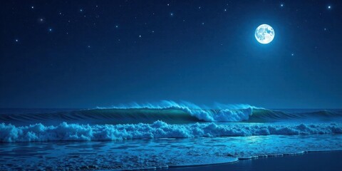Fototapeta premium Serene nocturnal seascape featuring a majestic full moon illuminating powerful ocean waves crashing on a tranquil beach under a starlit sky