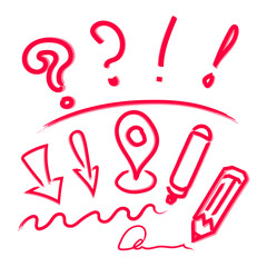 set of lines, question and exclamation marks, arrows, markers, pencil. handwritten in red marker