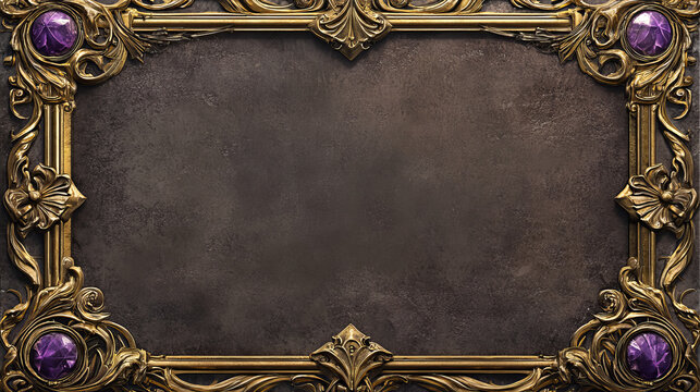 Fantasy gold and silver frames in medieval style for rpg game ui design. Vector cartoon set of empty banners with ancient fancy golden and metal border and purple gems