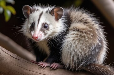close-up of cute black and white mammal with long snout and whiskers on tree branch - adorable and captivating wildlife portrait.