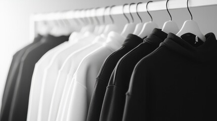 Fototapeta premium Beige and white fashion Clothes on a clothing hanger,knitwear and hoodies on hangers,Minimal fashion clothes on a rack,Fashion blog, website, social media,store in shopping mall,sale online.