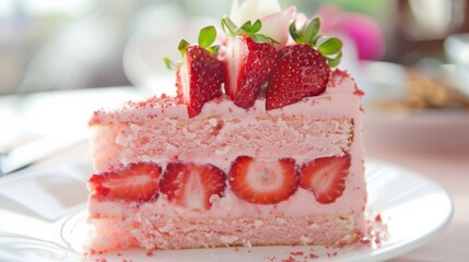 Indulge in a delightful slice of strawberry cake layered with fresh strawberries, displayed on a white plate in a bright cafe atmosphere