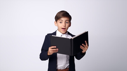 Engaged Schoolboy with Open Science Book on Transparent Background