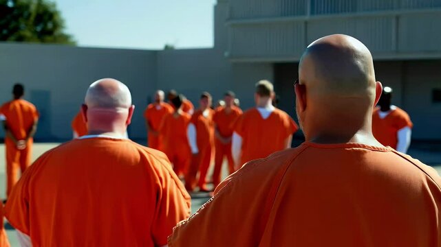 A group of individuals in orange uniforms gathered in an outdoor prison setting.