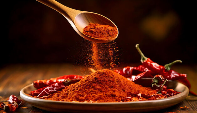 Vibrant red chili powder pours from a wooden spoon onto a rustic plate, surrounded by dried chilies.  A dramatic, high-quality image perfect for food blogs, recipe websites, or spice packaging.