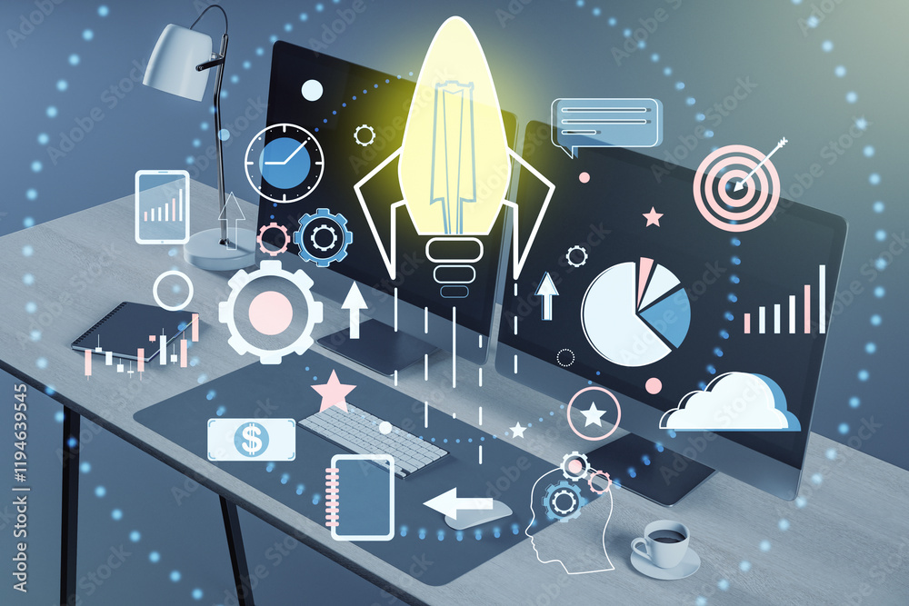 Poster workspace with abstract business icons overlay, showcasing innovation and technology concepts.