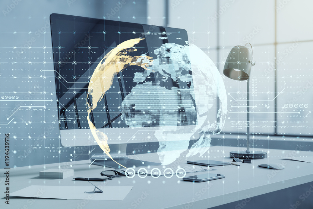 Fototapete abstract globe overlay on modern office desk with computer and futuristic digital elements.