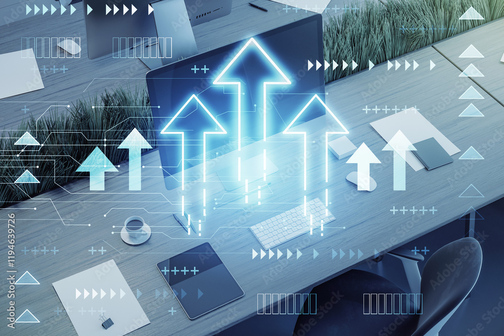 Poster digital arrows and office desk with devices, glowing light graphics representing growth and success 