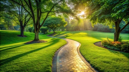 Obraz premium Serene Morning Stroll Along a Sunlit Brick Path in a Lush Green Park