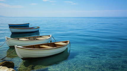 Naklejka premium Boats on Clean Blue Sea with Clear Horizon and Sunny Calm Waters