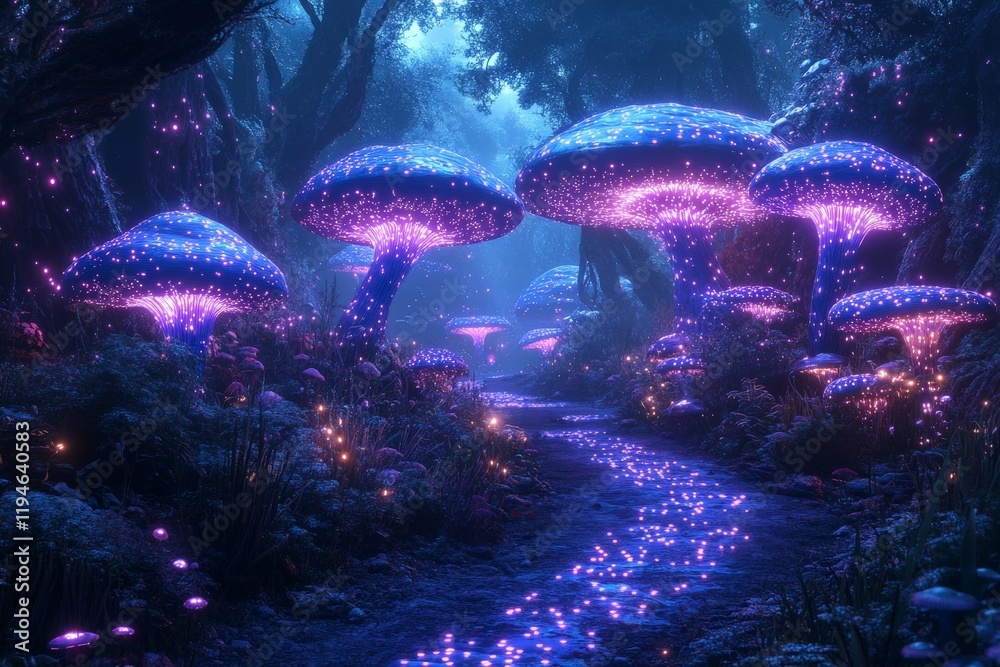 Aufkleber a mystical forest pathway illuminated by bioluminescent mushrooms, creating an enchanting atmosphere