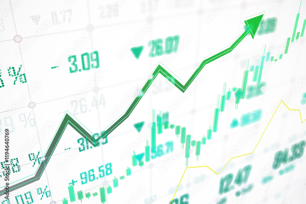 Poster Green upward arrow on a stock market chart showing increasing data values in a light abstract background. Concept of financial growth. 3D Rendering