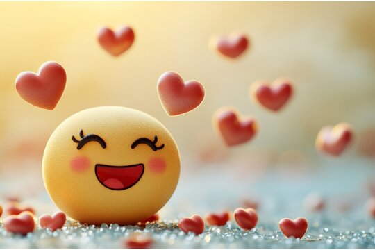 A cheerful yellow emoji with broad smile surrounded by fluttering red hearts against a sparkly surface, creating an atmosphere of celebration and joy.