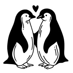 Penguins couple Valentines day Hand drawn doodle line art illustration love elements greeting card decoration 