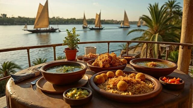 Comida egipcia tradicional con vista al r&iacute;o Nilo y veleros