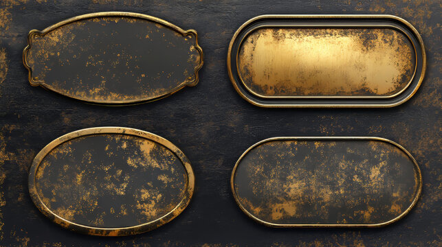 Gold or brass old plates, golden shabby name plaques with gaps empty mockup. Metal dirty identification tags, badges round, oval and rectangular frames for nameplate with grime realistic 3d vector set