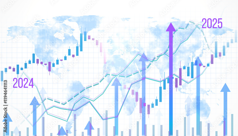 Poster financial growth chart with trends for 2024 and 2025 on a global background. 3d rendering