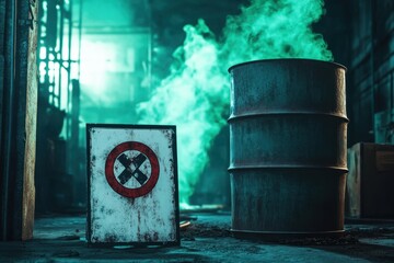 A large metal barrel with a red X on it sits in a room with smoke and debris