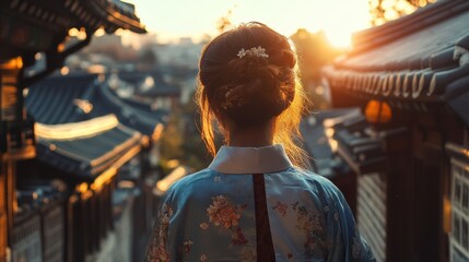 Obraz premium Back view of korean asian woman in traditional korean dress or hanbok dress walking in old palace in night with full moon, Seoul city, South Korea,copy space.