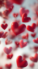 Obraz premium flying red hearts: Glossy 3D hearts float against a soft background. Perfect for Valentine's Day, romance,