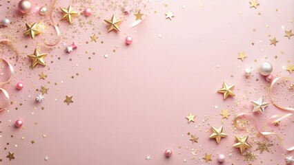 Obraz premium Festive Pink Background with Gold Stars and Confetti for Celebrations