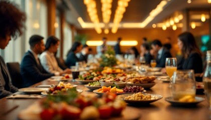 An office meeting buffet table displaying an array of food options and drinks for participants to savor