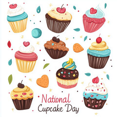Delicious strawberry cupcakes with frosting and berries. Card for national cupcake day.