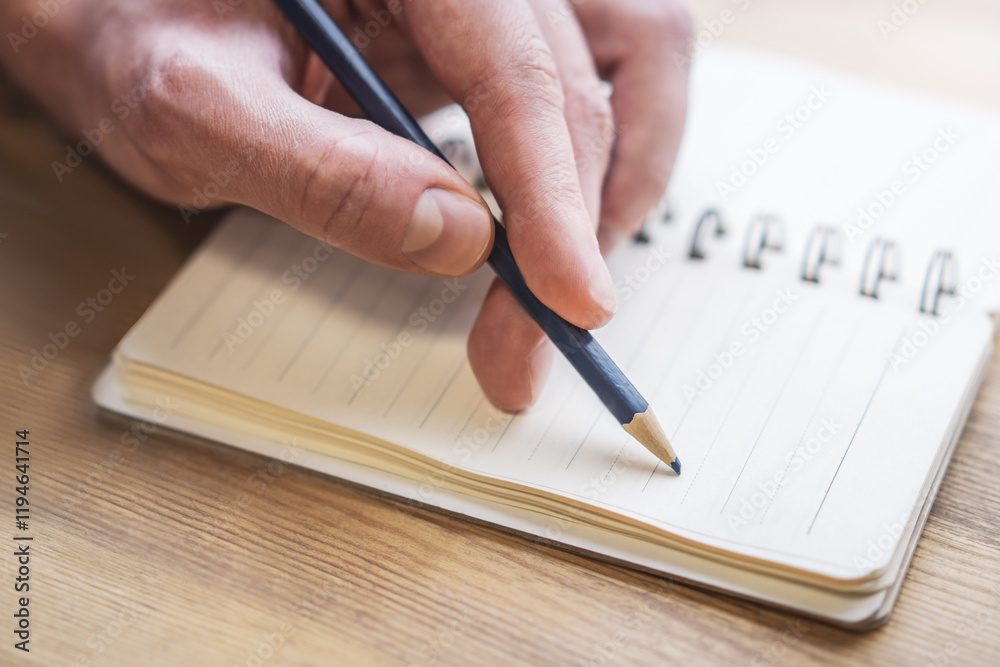 Poster Sharp view of a man's hand transcribing in a notepad, with a defocused backdrop