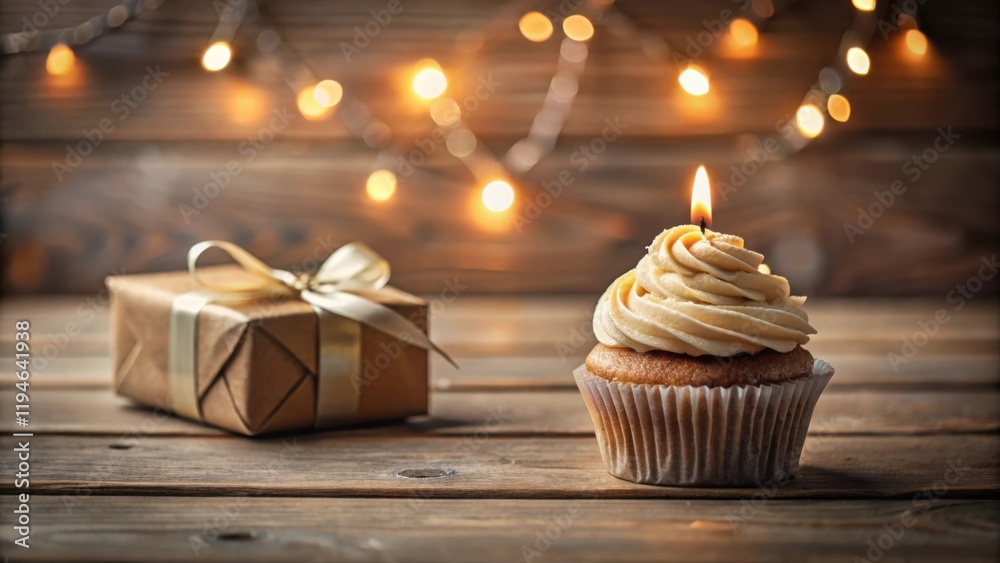 Poster a single cupcake with a lit candle and a wrapped gift on a wooden table with warm string lights