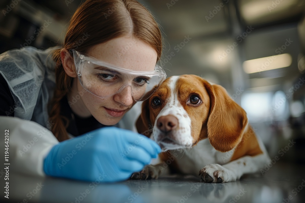 Poster a focused scientist in safety goggles examines alongside a beagle in a laboratory, emphasizing scien