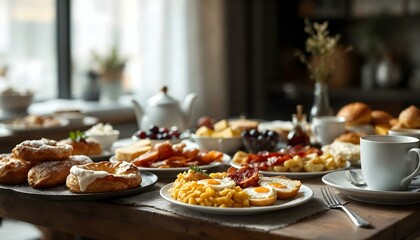 Naklejka premium An enticing breakfast buffet offering croissants, eggs, bread, fresh fruit, and hot coffee, ideal for a morning feast