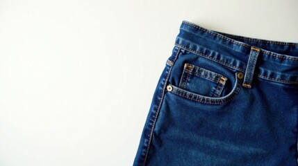 A close-up detail shot showcasing the rich indigo hue and meticulous stitching of a pair of denim pants, highlighting the classic five-pocket design and the textured fabric