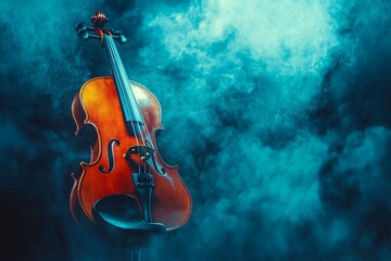 Fototapeta premium An artistic composition of a lone violin enveloped in swirling blue smoke, creating a mysterious and enchanting atmosphere with an ethereal quality.