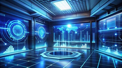Futuristic Control Room with Interactive Displays Showing Global Data and Network Connections