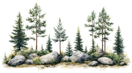 Watercolor Painting of Pine Trees and Rocks on Transparent Background