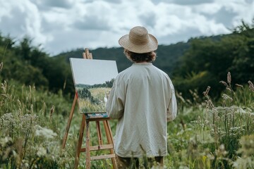 An artist wearing a straw hat paints a lush landscape, immersed in nature. The scene reflects artistic dedication and the serene beauty of the natural world.