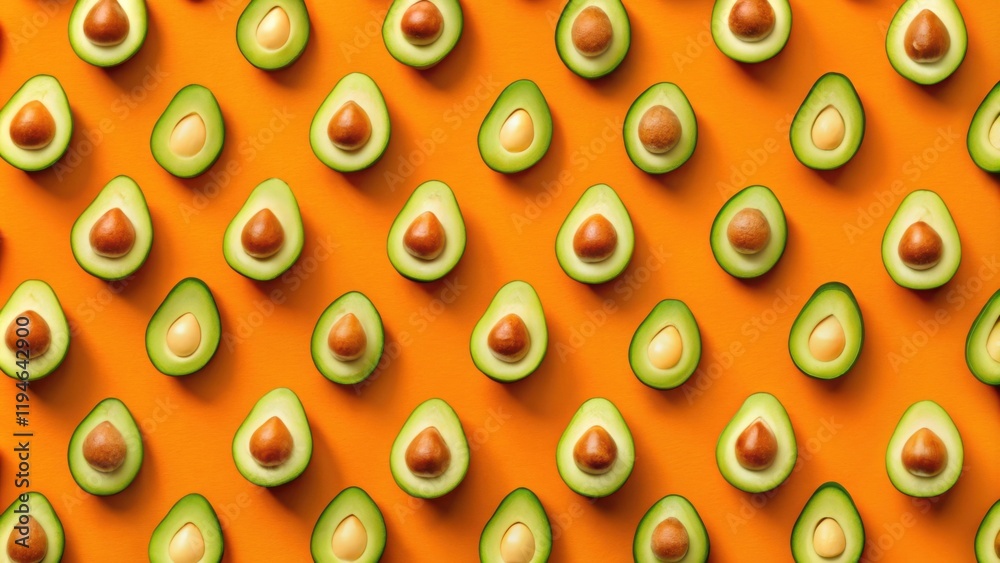 Poster vibrant avocado halves arranged in a repeating pattern on a bright orange background