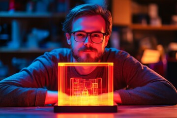 A bearded man with glasses gazes at a luminous red cube on a table, capturing an intrigue and fascination for modern geometric art in a dim room.